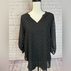 Black flowy blouse with black simmer pattern